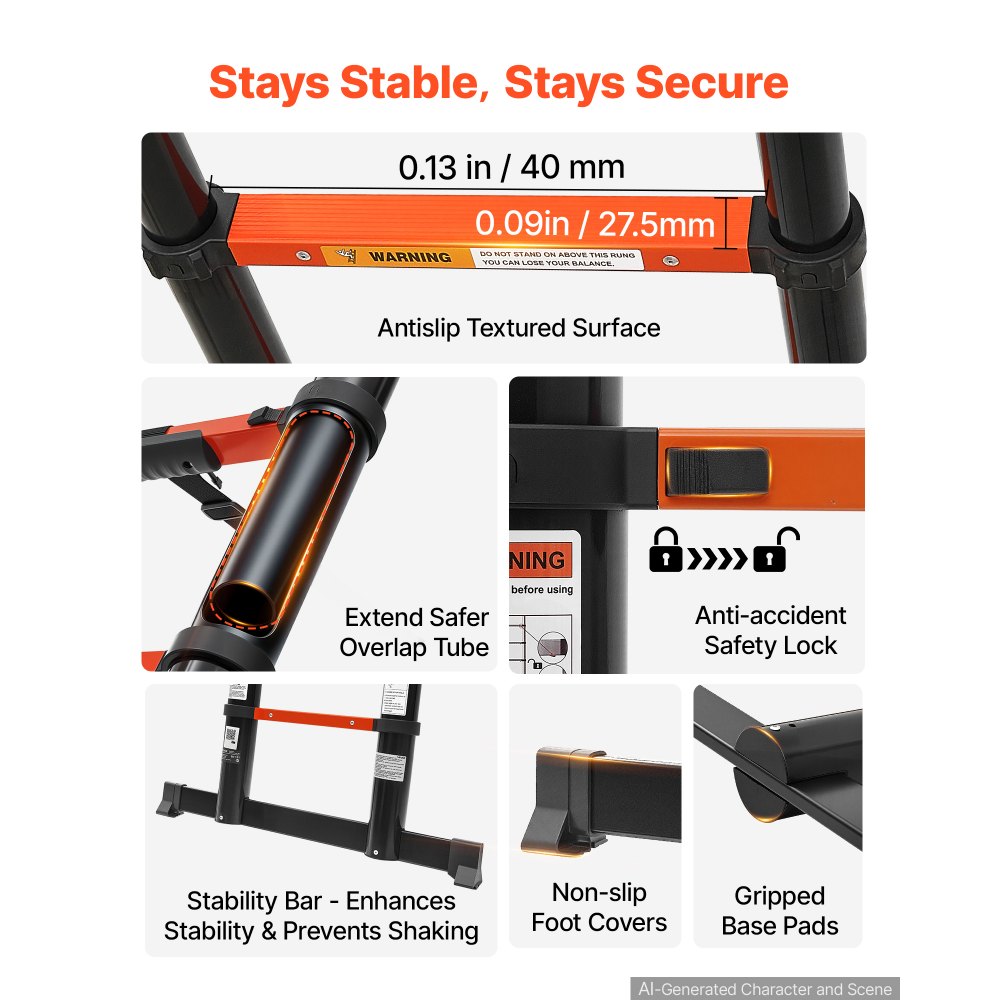 VEVOR Telescoping Ladder, 322 cm Extension Ladder One-Button Retraction, Heavy-Duty 150 kg Capacity, for Home Repairs, Painting, Window Cleaning and RV, Aluminum, Anti-Slip Steps, Orange & Black