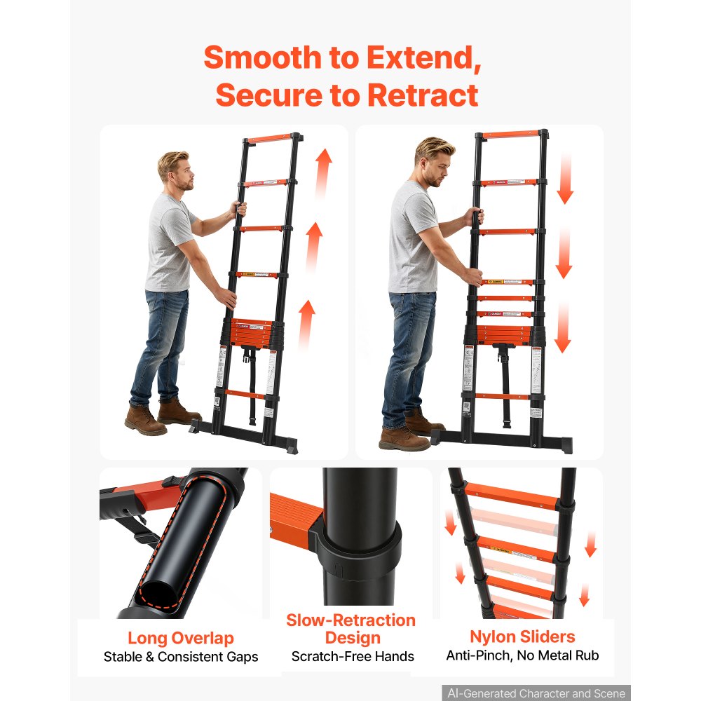 VEVOR Telescoping Ladder, 322 cm Extension Ladder One-Button Retraction, Heavy-Duty 150 kg Capacity, for Home Repairs, Painting, Window Cleaning and RV, Aluminum, Anti-Slip Steps, Orange & Black