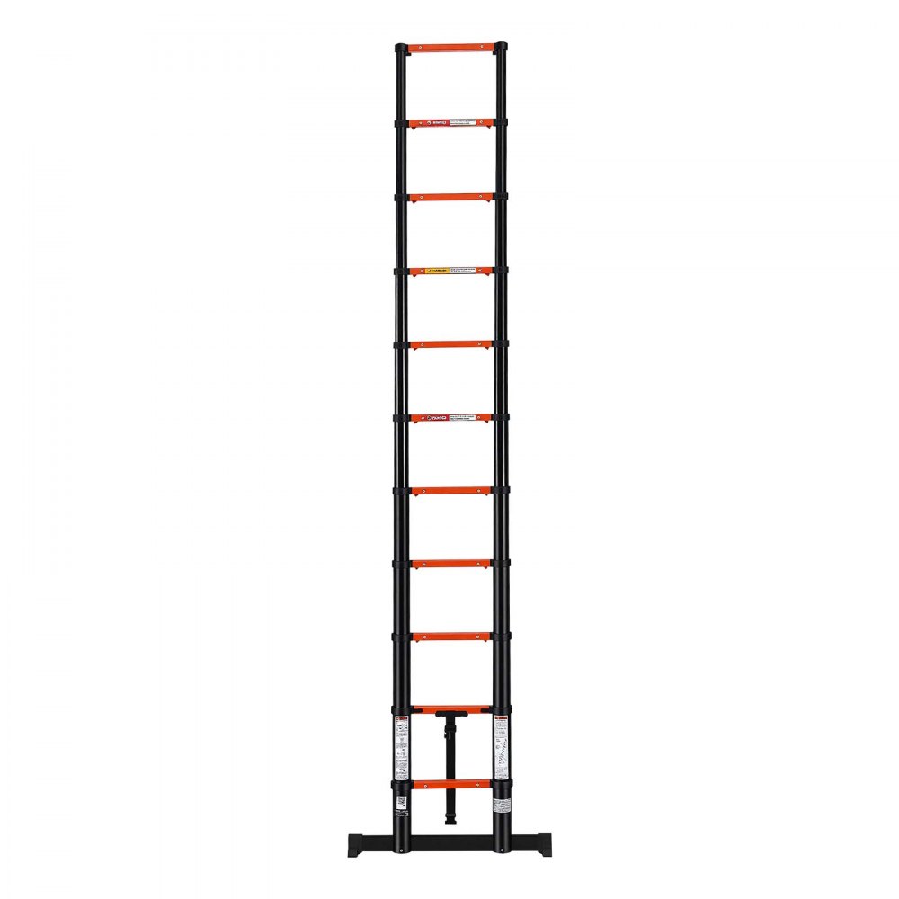 VEVOR Telescoping Ladder, 322 cm Extension Ladder One-Button Retraction, Heavy-Duty 150 kg Capacity, for Home Repairs, Painting, Window Cleaning and RV, Aluminum, Anti-Slip Steps, Orange & Black
