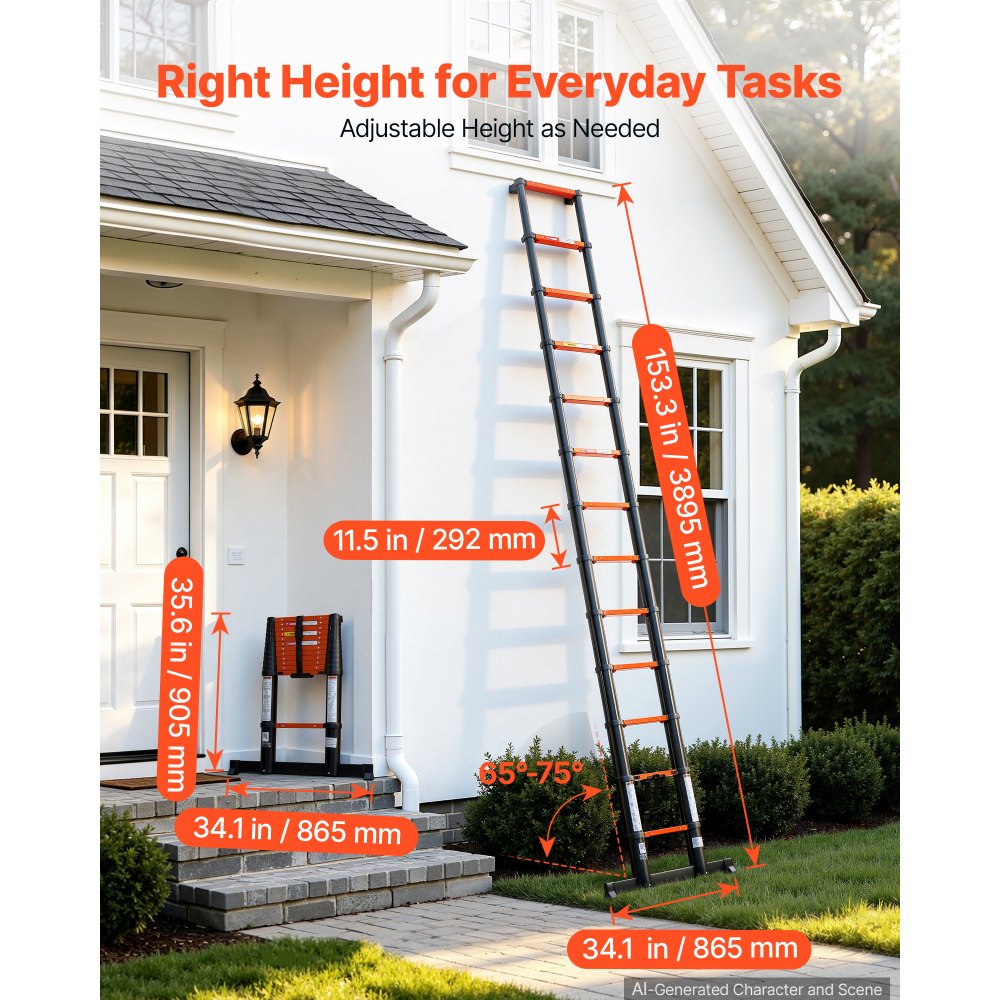 VEVOR Telescoping Ladder, 380 cm Extension Ladder One-Button Retraction, Heavy-Duty 150 kg Capacity, for Home Repairs, Painting, Window Cleaning and RV, Aluminum, Anti-Slip Steps, Orange & Black