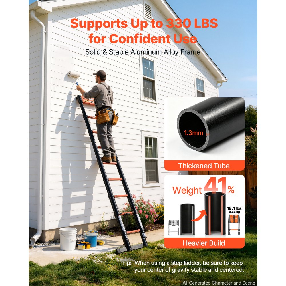 VEVOR Telescoping Ladder, 380 cm Extension Ladder One-Button Retraction, Heavy-Duty 150 kg Capacity, for Home Repairs, Painting, Window Cleaning and RV, Aluminum, Anti-Slip Steps, Orange & Black