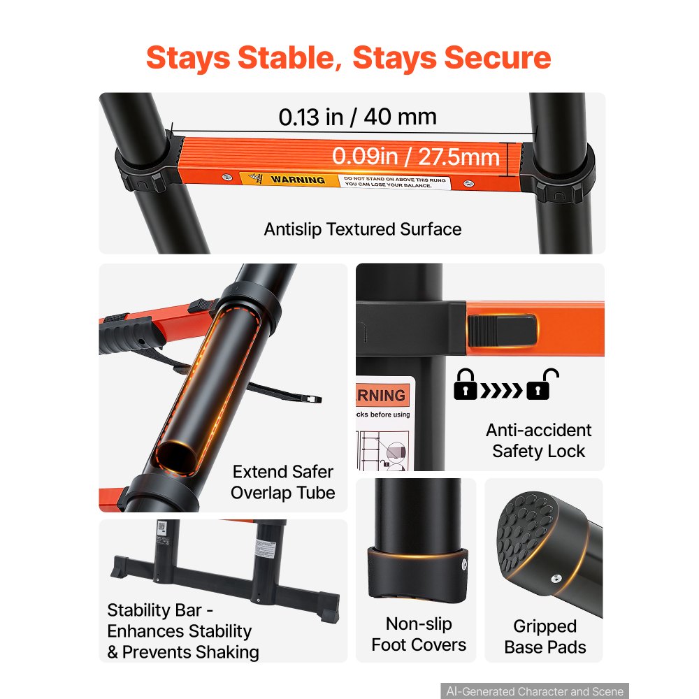 VEVOR Telescoping Ladder, 380 cm Extension Ladder One-Button Retraction, Heavy-Duty 150 kg Capacity, for Home Repairs, Painting, Window Cleaning and RV, Aluminum, Anti-Slip Steps, Orange & Black