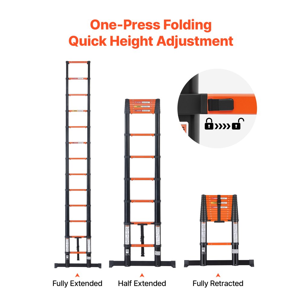 VEVOR Telescoping Ladder, 380 cm Extension Ladder One-Button Retraction, Heavy-Duty 150 kg Capacity, for Home Repairs, Painting, Window Cleaning and RV, Aluminum, Anti-Slip Steps, Orange & Black