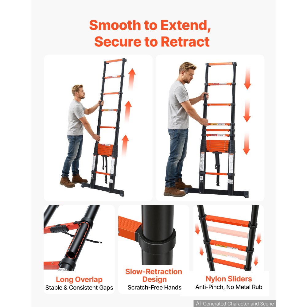 VEVOR Telescoping Ladder, 380 cm Extension Ladder One-Button Retraction, Heavy-Duty 150 kg Capacity, for Home Repairs, Painting, Window Cleaning and RV, Aluminum, Anti-Slip Steps, Orange & Black