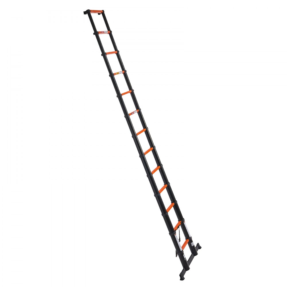 VEVOR Telescoping Ladder, 380 cm Extension Ladder One-Button Retraction, Heavy-Duty 150 kg Capacity, for Home Repairs, Painting, Window Cleaning and RV, Aluminum, Anti-Slip Steps, Orange & Black