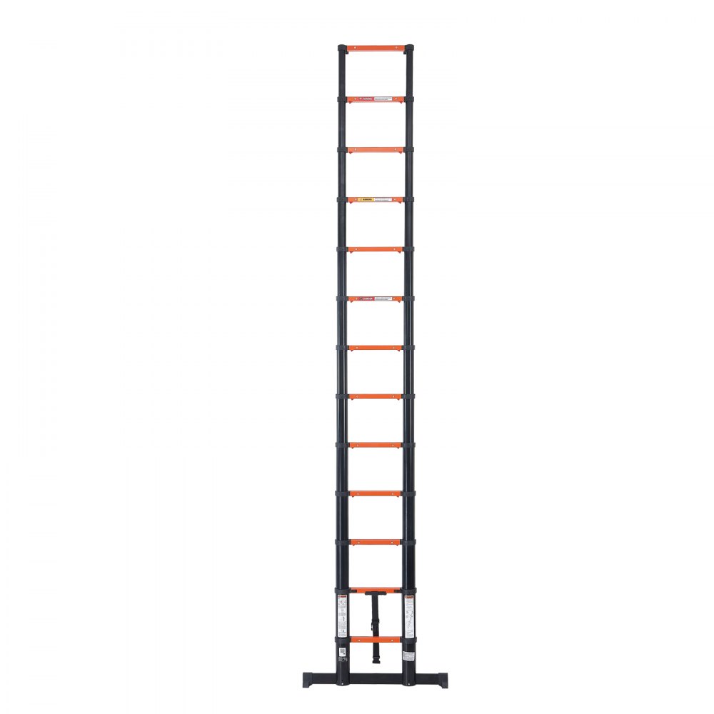 VEVOR Telescoping Ladder, 380 cm Extension Ladder One-Button Retraction, Heavy-Duty 150 kg Capacity, for Home Repairs, Painting, Window Cleaning and RV, Aluminum, Anti-Slip Steps, Orange & Black