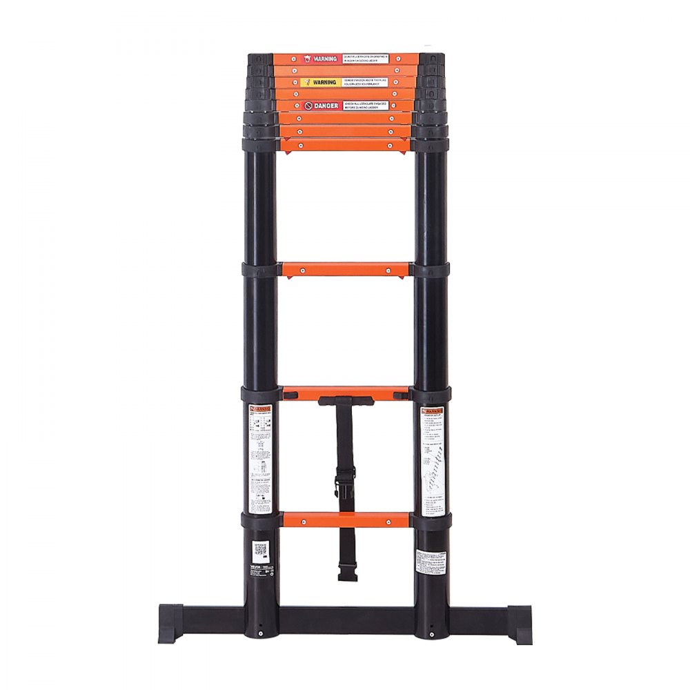 VEVOR Telescoping Ladder, 380 cm Extension Ladder One-Button Retraction, Heavy-Duty 150 kg Capacity, for Home Repairs, Painting, Window Cleaning and RV, Aluminum, Anti-Slip Steps, Orange & Black