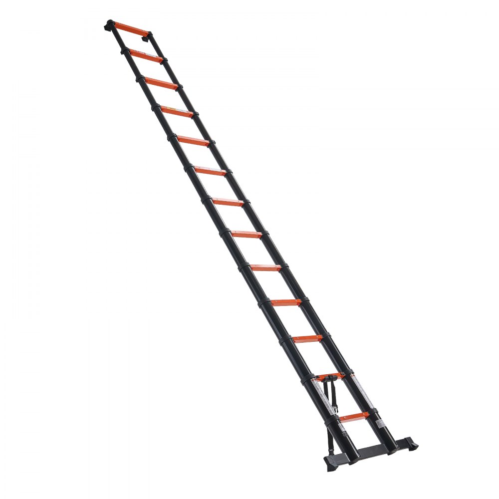 VEVOR Telescoping Ladder, 380 cm Extension Ladder One-Button Retraction, Heavy-Duty 150 kg Capacity, for Home Repairs, Painting, Window Cleaning and RV, Aluminum, Anti-Slip Steps, Orange & Black