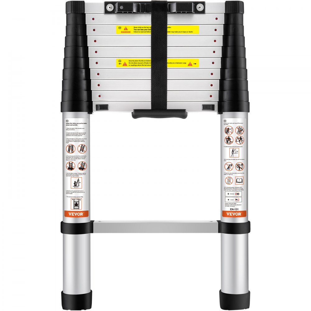 VEVOR Telescoping Ladder, 320 cm Aluminum One-button Retraction Collapsible Extension Ladder, 170.1 kg Capacity w/ Non-slip Feet, Portable Multi-purpose Compact Ladder for Home, RV, Loft, ANSI Listed