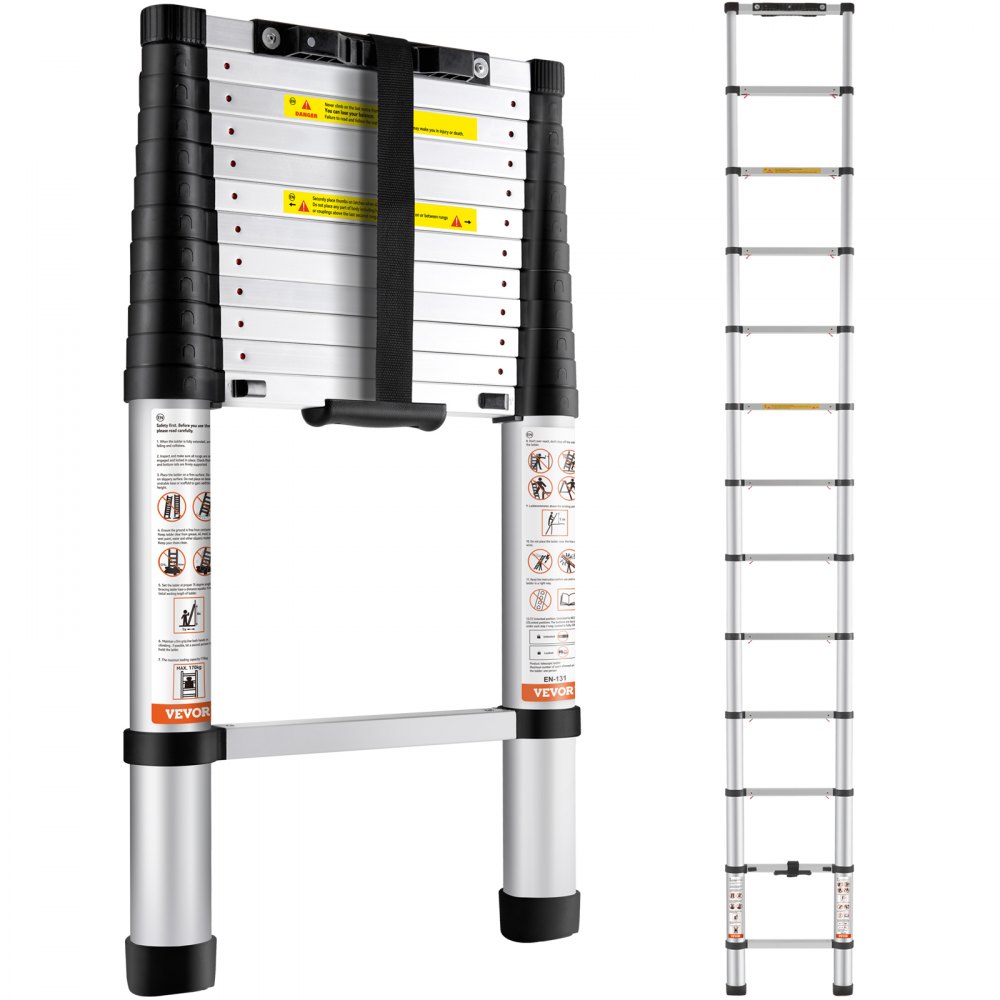 10+5 legjobb VEVOR akció - 2025.09.19. 18 VEVOR telescoping ladder folded and fully extended, showcasing compact design and safety features.