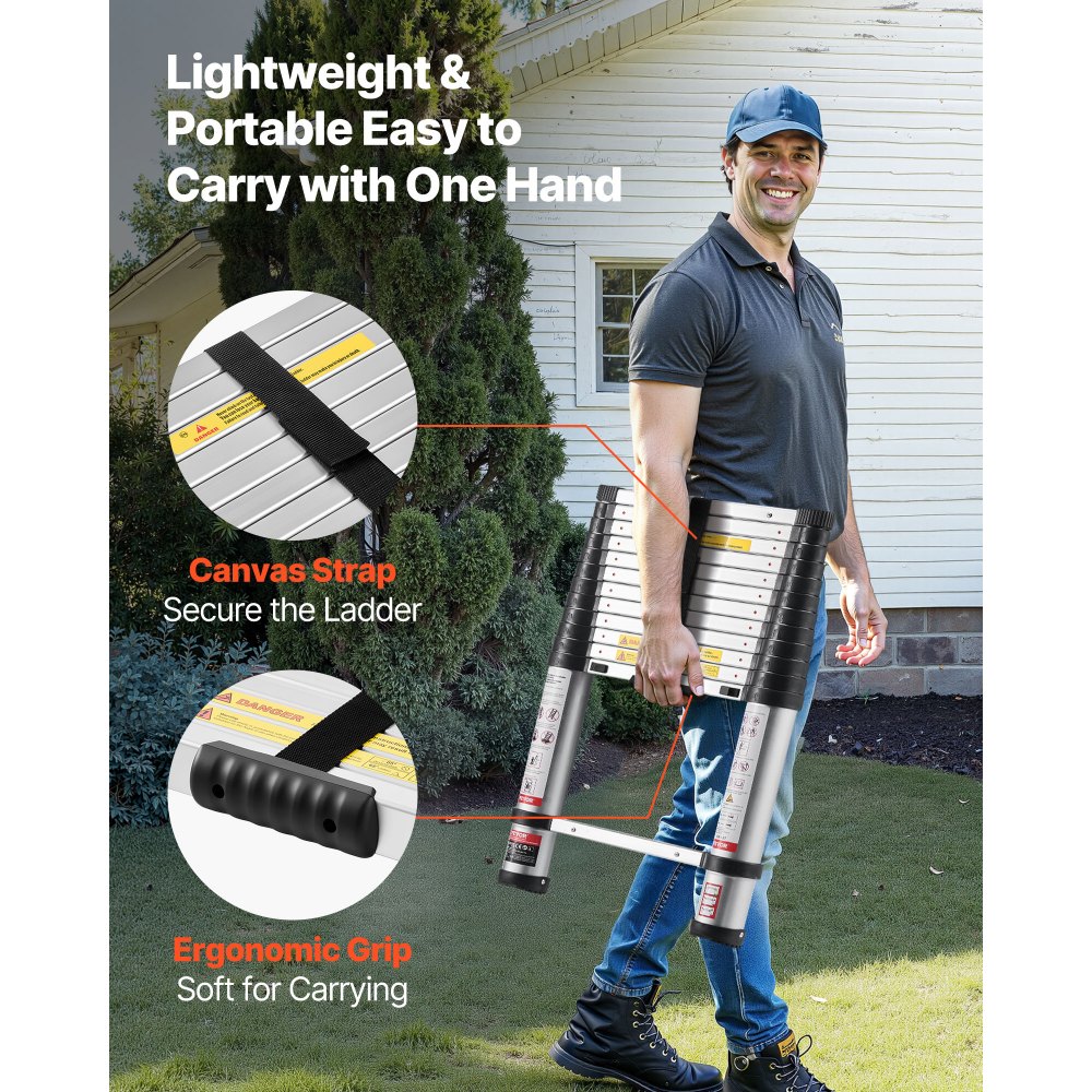 VEVOR 3.8m Telescoping Ladder, Aluminum Lightweight Multi-Purpose Collapsible Extension, One-Touch Retraction Ladder, Heavy Duty 150kg Max Capacity with Non-Slip Feet, for Home, Outdoor Work, Loft