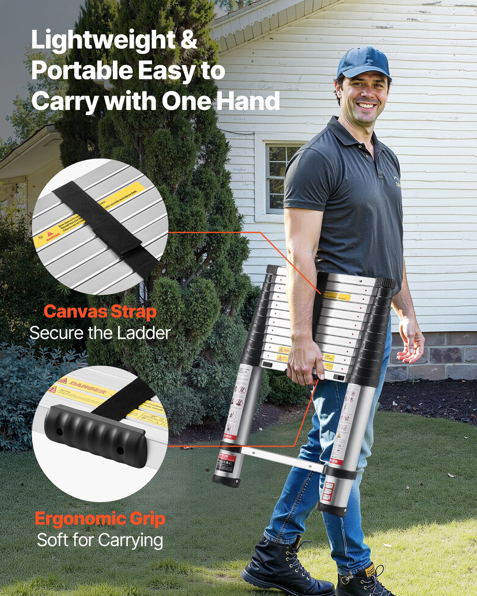 VEVOR 3.8m Telescoping Ladder, Aluminum Lightweight Multi-Purpose Collapsible Extension, One-Touch Retraction Ladder, Heavy Duty 150kg Max Capacity with Non-Slip Feet, for Home, Outdoor Work, Loft