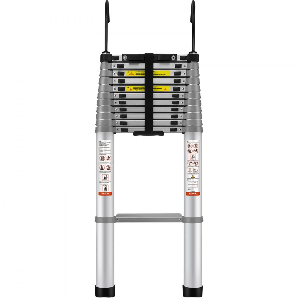 VEVOR telescoping ladder, compact and folded, with safety labels and rubber-tipped feet