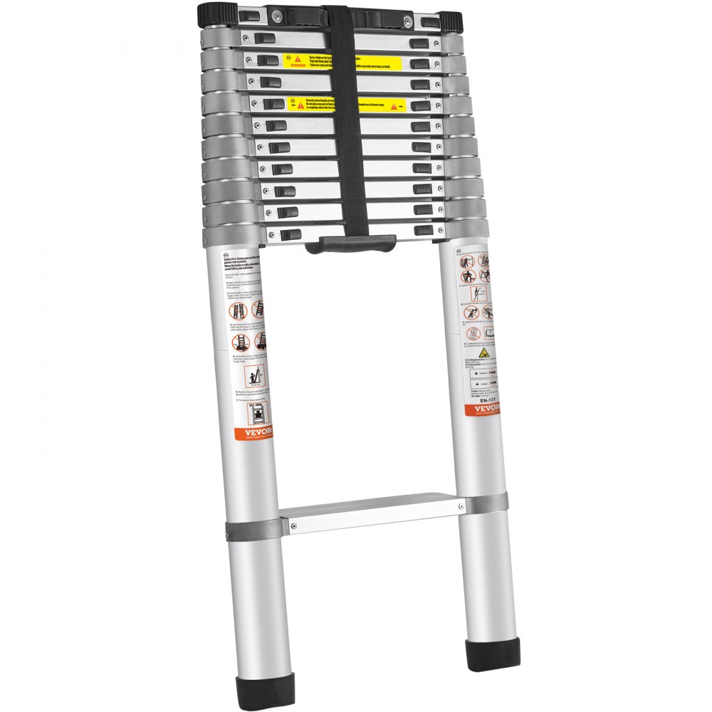 VEVOR telescoping ladder with safety labels and rubber feet for stability, compact and portable design.
