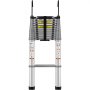 VEVOR telescoping ladder, compact and folded, with safety labels and rubber-tipped feet