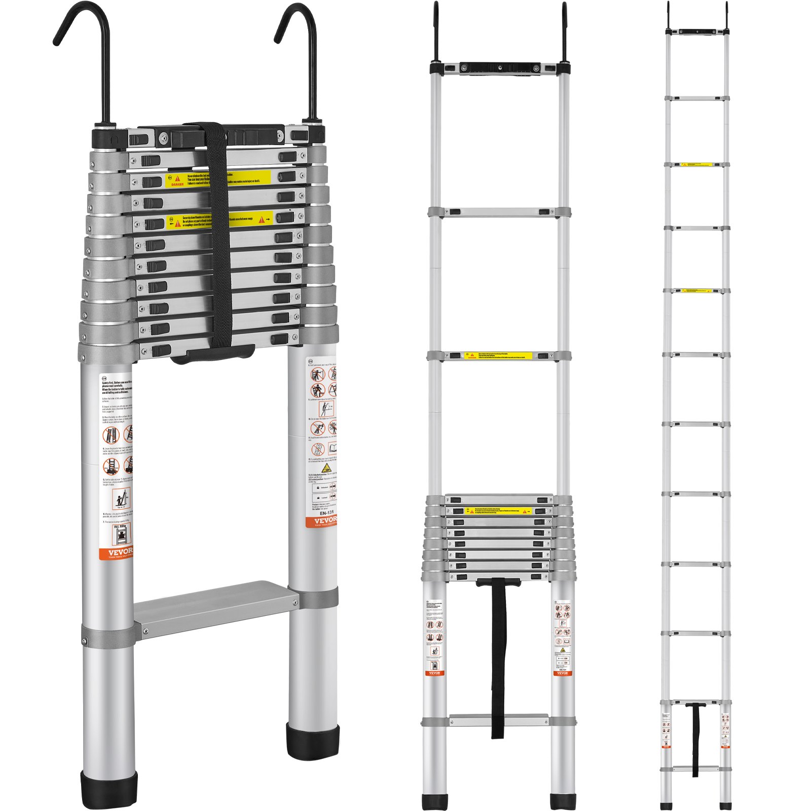 VEVOR telescoping ladder, extended and collapsed views, showing safety labels and straps.