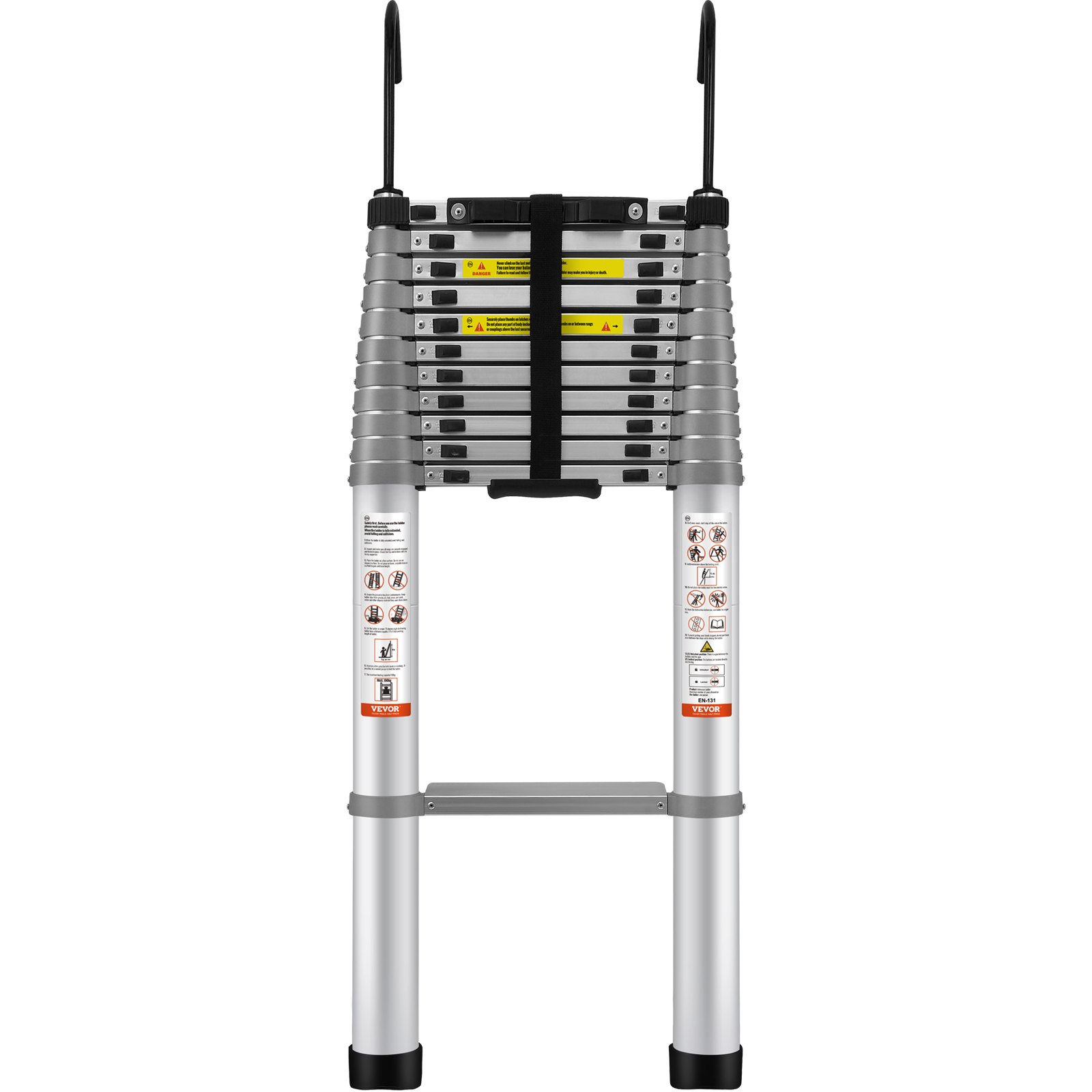 VEVOR telescoping ladder, compact and folded, with safety labels and rubber-tipped feet
