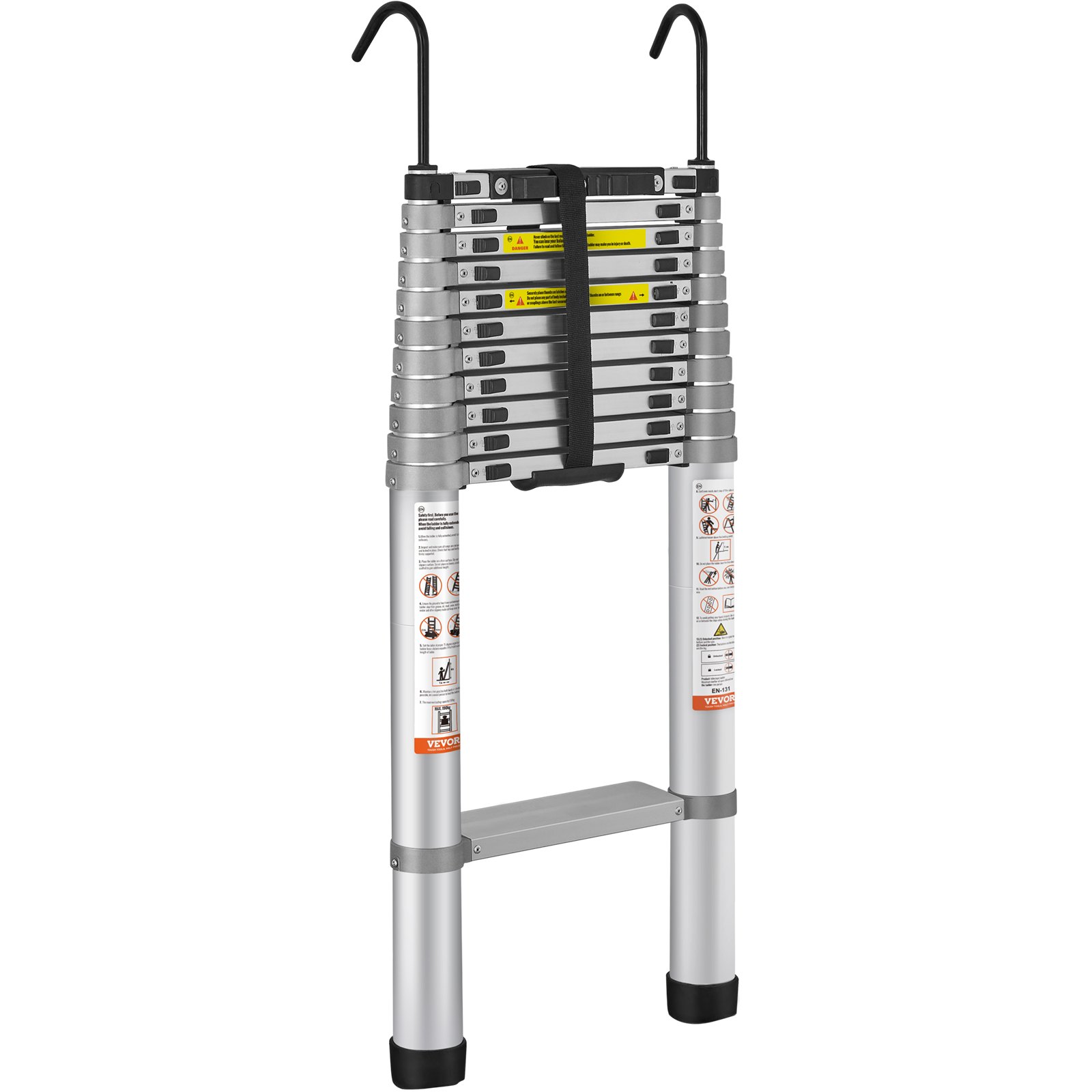 collapsed VEVOR telescoping ladder with safety instructions, hooks, and anti-slip feet.