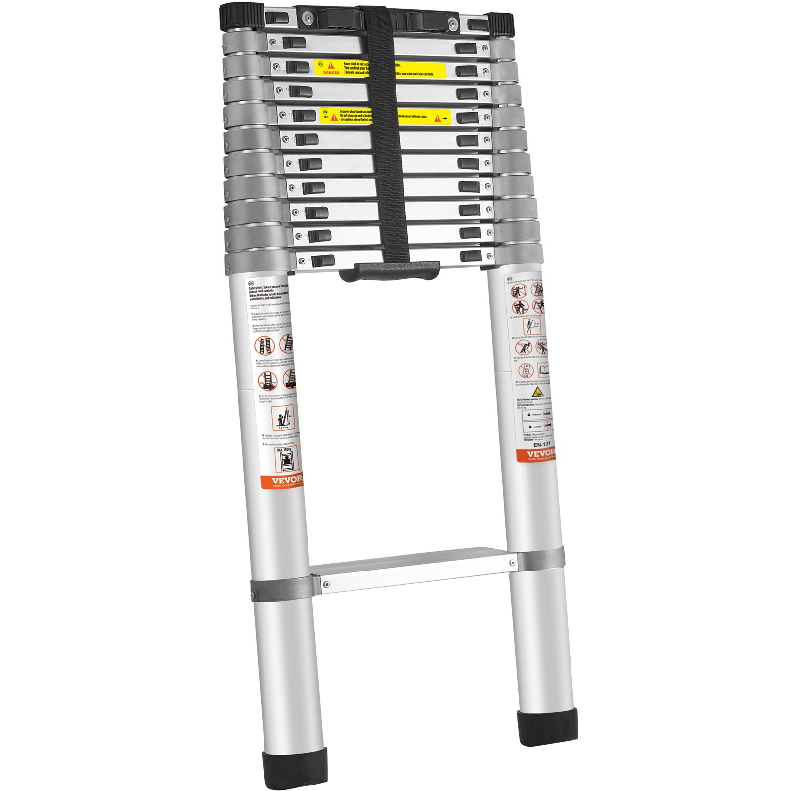 VEVOR telescoping ladder with safety labels and rubber feet for stability, compact and portable design.