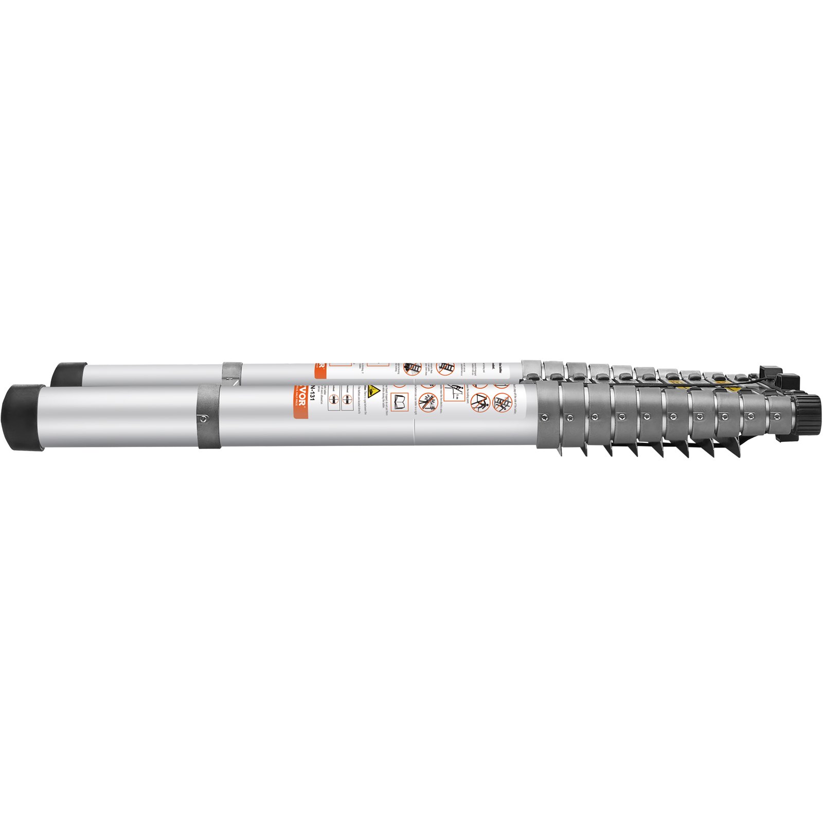 collapsed VEVOR telescoping ladder with safety labels and compact design, ideal for easy storage.