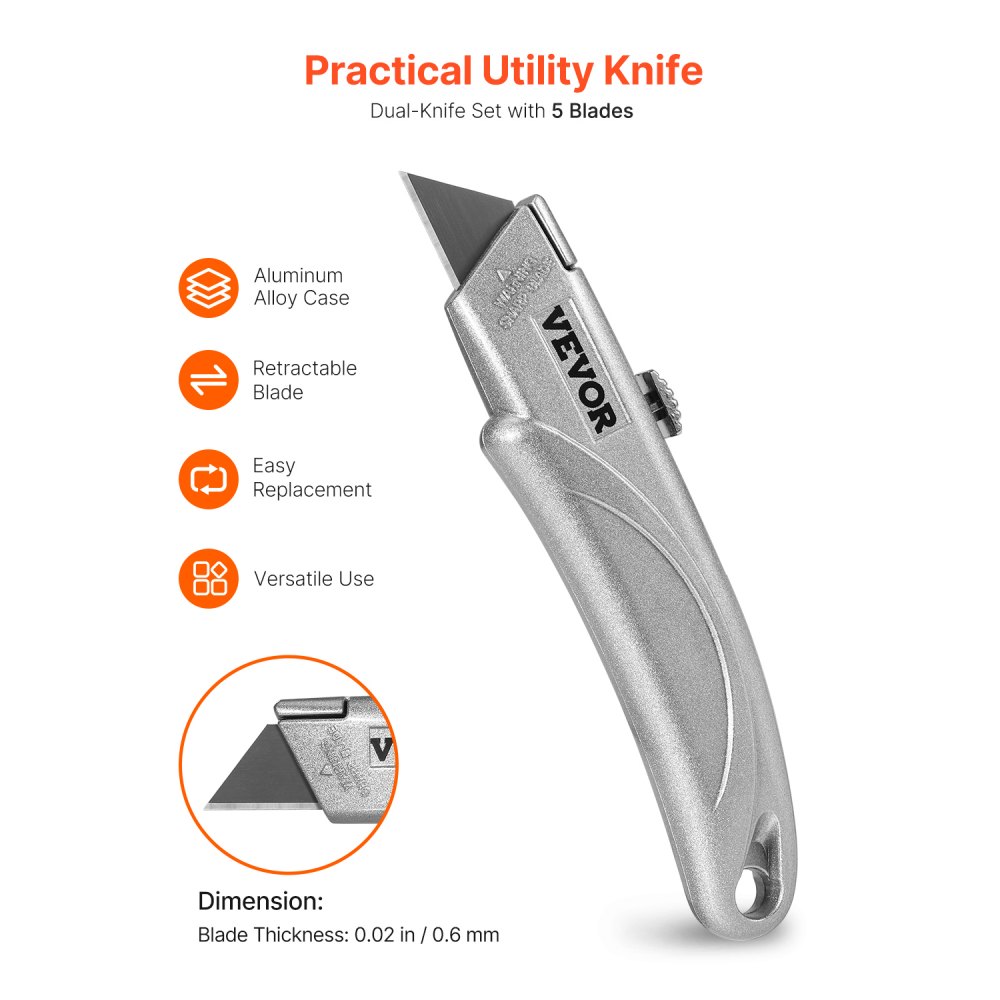 VEVOR Utility Knife, 2-Pack Retractable Box Cutter, with Aluminum Alloy Case, SK5 Blades and Handle, 3-Position Blade, 5 Blades, Heavy Duty Box Cutter for Leather, Card Board, Rubber Cables, Silver