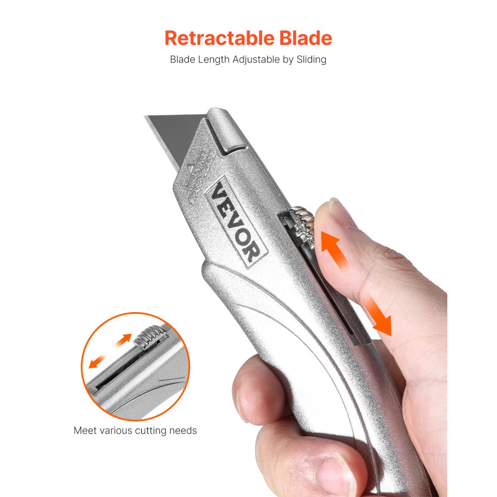 VEVOR Utility Knife, 2-Pack Retractable Box Cutter, with Aluminum Alloy Case, SK5 Blades and Handle, 3-Position Blade, 5 Blades, Heavy Duty Box Cutter for Leather, Card Board, Rubber Cables, Silver