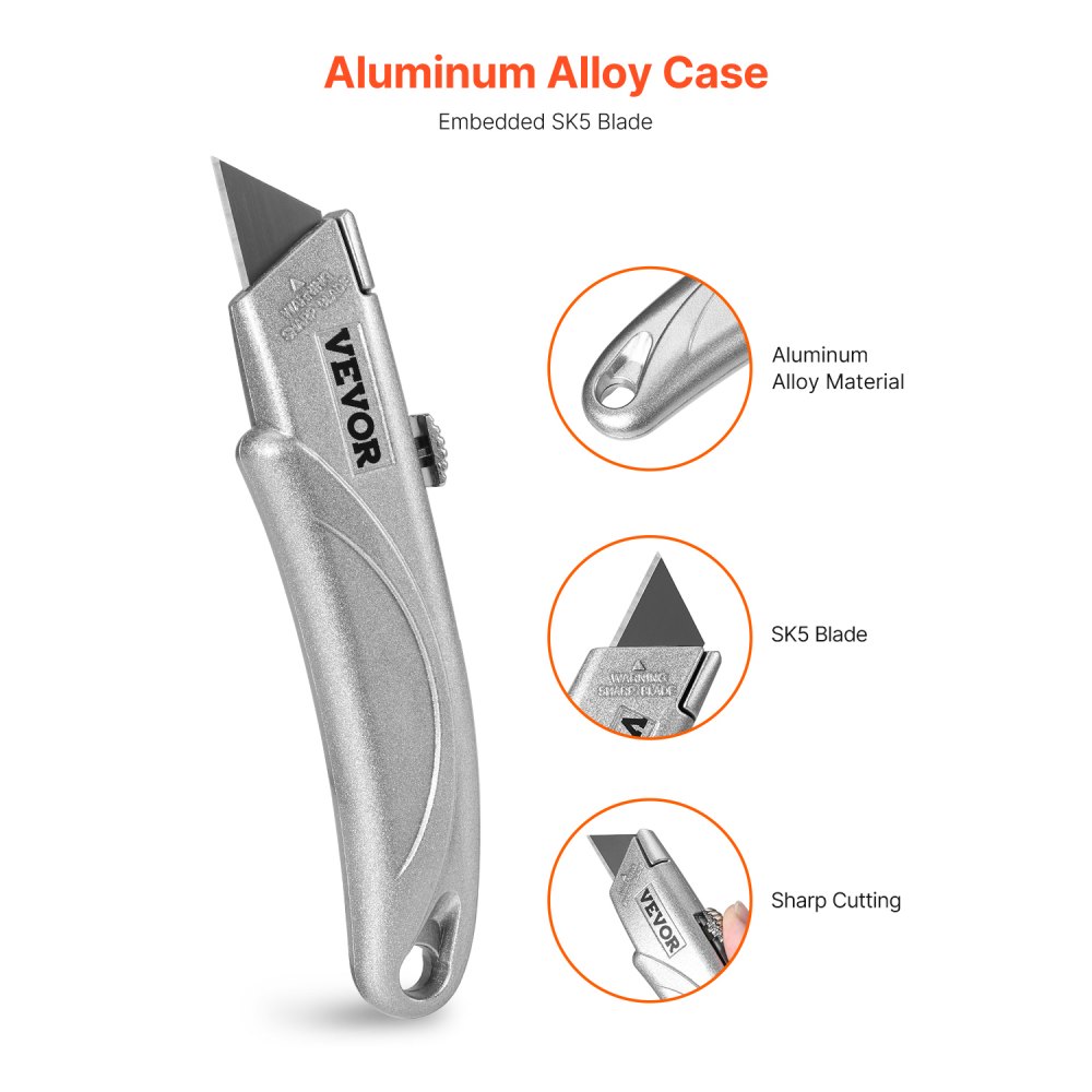 VEVOR Utility Knife, 2-Pack Retractable Box Cutter, with Aluminum Alloy Case, SK5 Blades and Handle, 3-Position Blade, 5 Blades, Heavy Duty Box Cutter for Leather, Card Board, Rubber Cables, Silver