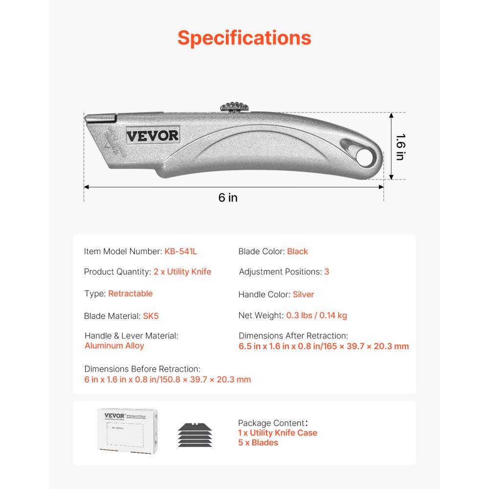 VEVOR Utility Knife, 2-Pack Retractable Box Cutter, with Aluminum Alloy Case, SK5 Blades and Handle, 3-Position Blade, 5 Blades, Heavy Duty Box Cutter for Leather, Card Board, Rubber Cables, Silver