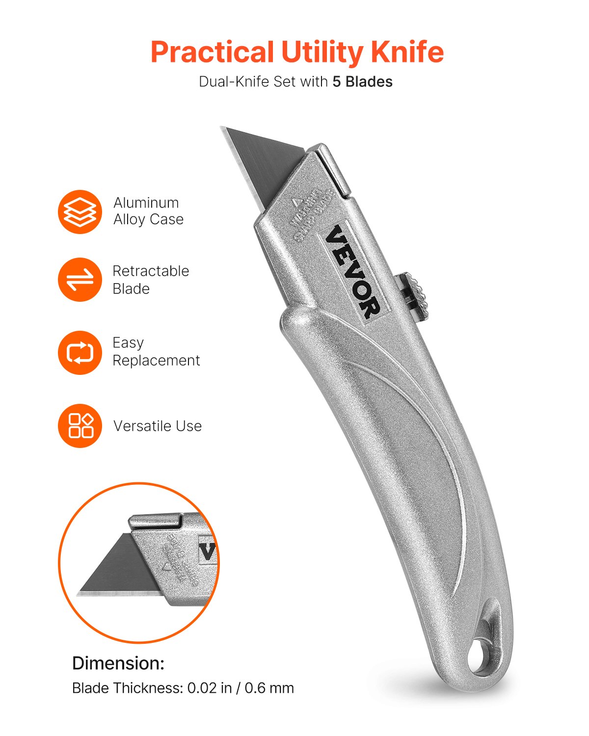 VEVOR Utility Knife, 2-Pack Retractable Box Cutter, with Aluminum Alloy Case, SK5 Blades and Handle, 3-Position Blade, 5 Blades, Heavy Duty Box Cutter for Leather, Card Board, Rubber Cables, Silver