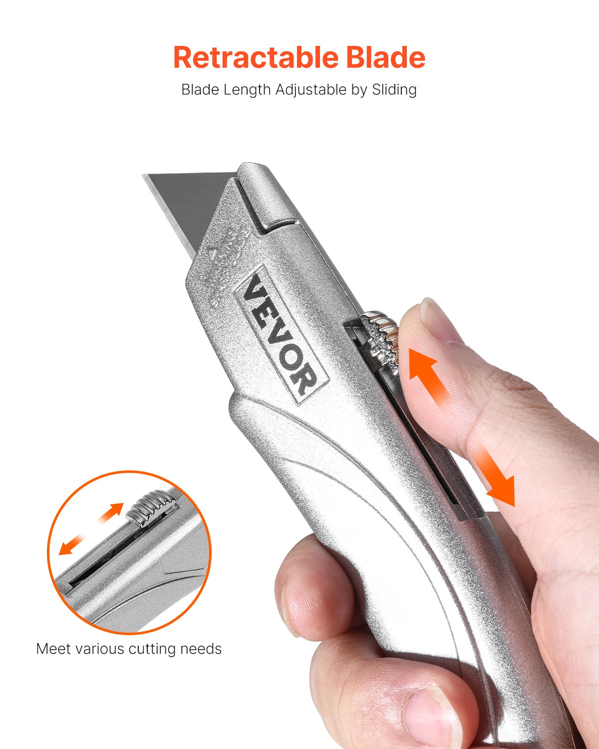 VEVOR Utility Knife, 2-Pack Retractable Box Cutter, with Aluminum Alloy Case, SK5 Blades and Handle, 3-Position Blade, 5 Blades, Heavy Duty Box Cutter for Leather, Card Board, Rubber Cables, Silver