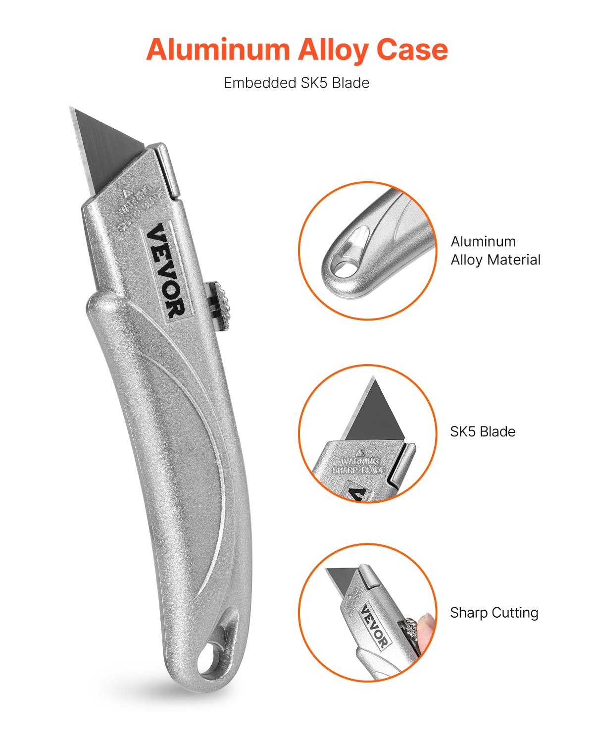 VEVOR Utility Knife, 2-Pack Retractable Box Cutter, with Aluminum Alloy Case, SK5 Blades and Handle, 3-Position Blade, 5 Blades, Heavy Duty Box Cutter for Leather, Card Board, Rubber Cables, Silver