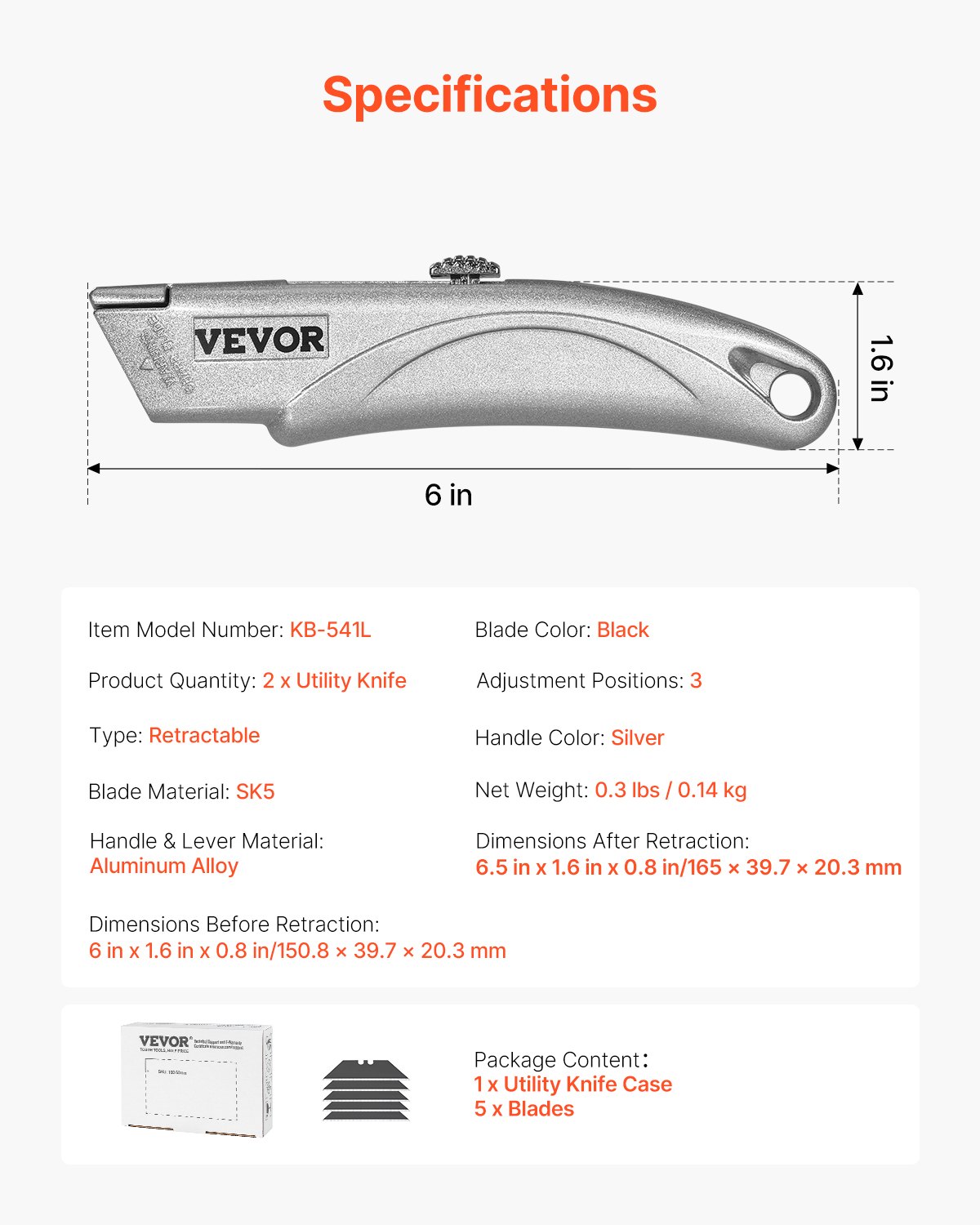 VEVOR Utility Knife, 2-Pack Retractable Box Cutter, with Aluminum Alloy Case, SK5 Blades and Handle, 3-Position Blade, 5 Blades, Heavy Duty Box Cutter for Leather, Card Board, Rubber Cables, Silver