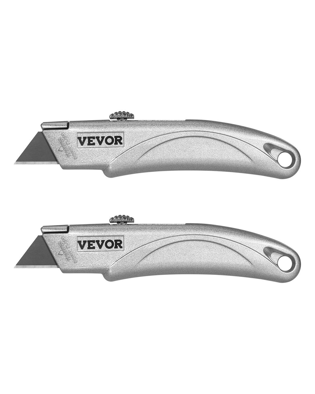 VEVOR Utility Knife, 2-Pack Retractable Box Cutter, with Aluminum Alloy Case, SK5 Blades and Handle, 3-Position Blade, 5 Blades, Heavy Duty Box Cutter for Leather, Card Board, Rubber Cables, Silver