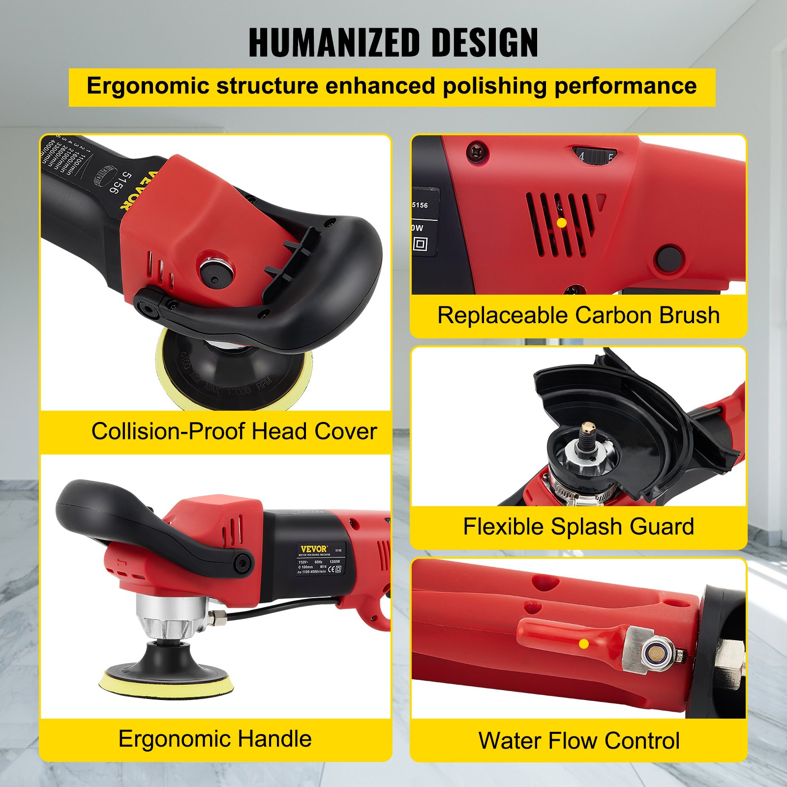 VEVOR Wet Polisher Grinder, Variable Speed 4\" & 5\" Diamond Polishing Pads, Buffing Machine with 78.7\" Water Pipe Adapter & Splash Shield, Electronic Concrete Stone for Title Floor Countertop CE