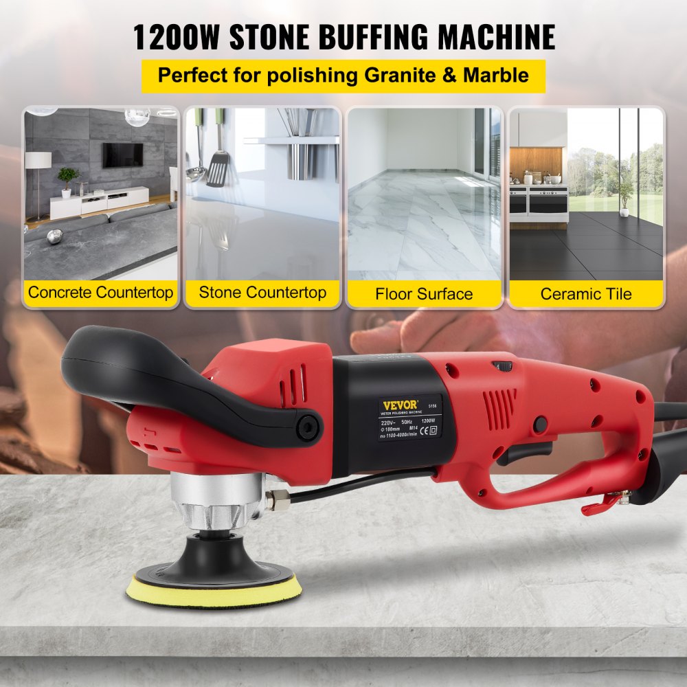 VEVOR Wet Polisher Grinder, Variable Speed 4" & 5" Diamond Polishing Pads, Buffing Machine with 78.7" Water Pipe Adapter & Splash Shield, Electronic Concrete Stone for Title Floor Countertop CE