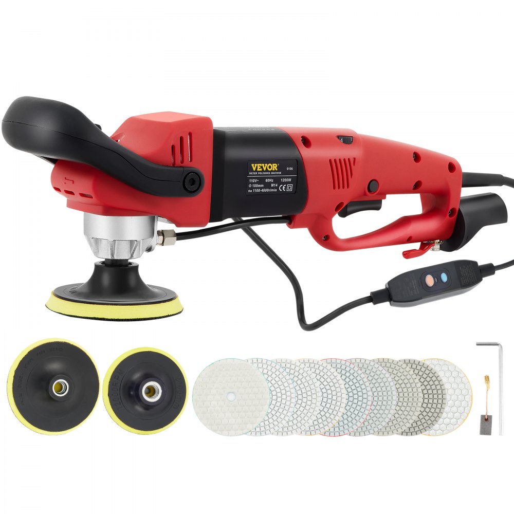 VEVOR wet polisher grinder with accessories including polishing pads and a wrench.