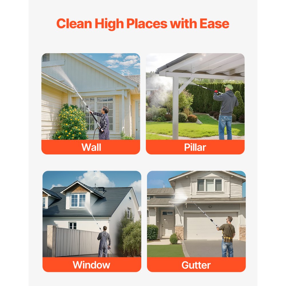 VEVOR Pressure Washer Telescoping Wand, 5437 mm, 275 bar, Telescopic Spray Wand with Power Washer Extension Wands, Gutter Cleaner, Brush Head, 5 Spray Nozzle Tips, Adapter and Adjustable Support Belt