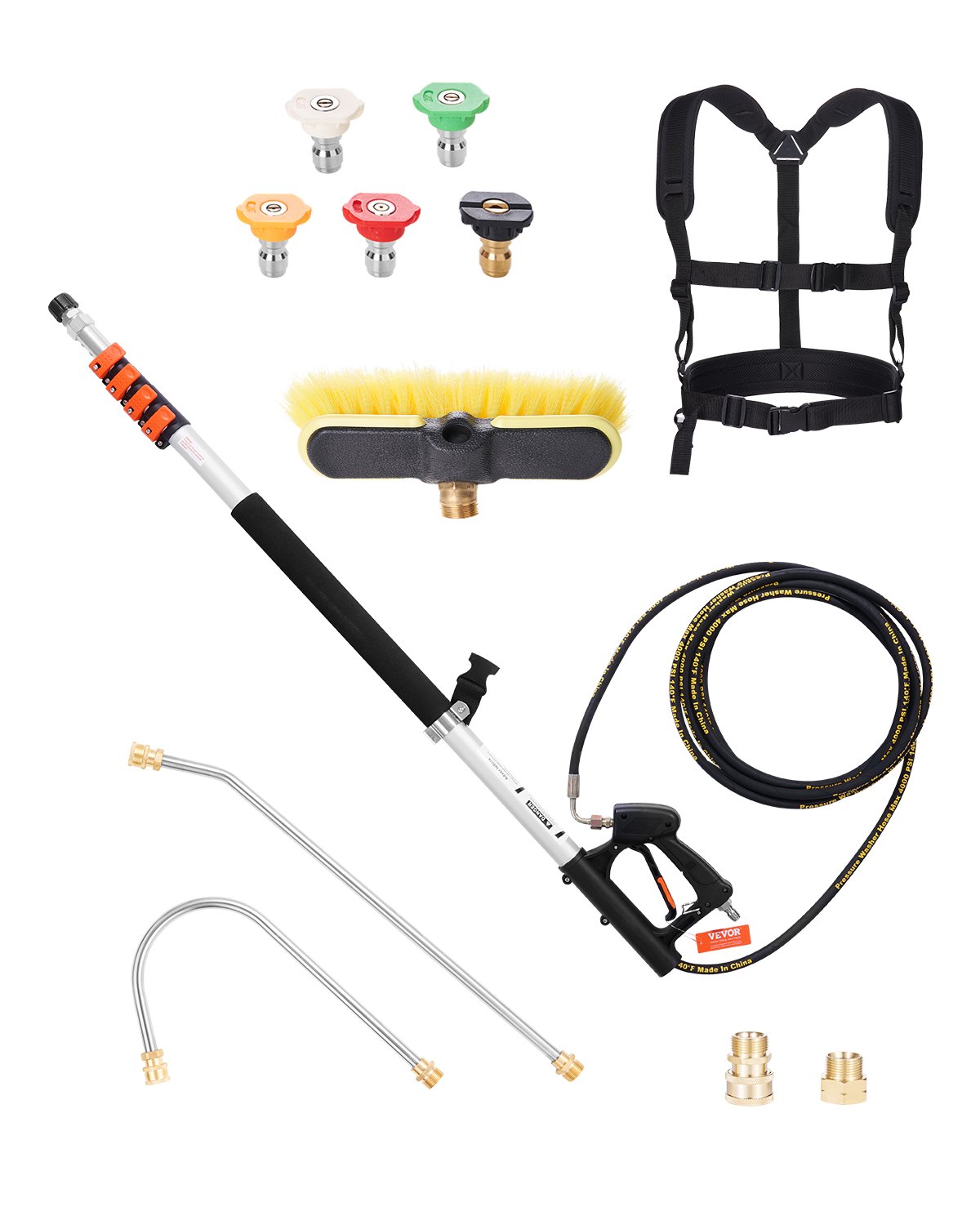 VEVOR Pressure Washer Telescoping Wand, 5437 mm, 275 bar, Telescopic Spray Wand with Power Washer Extension Wands, Gutter Cleaner, Brush Head, 5 Spray Nozzle Tips, Adapter and Adjustable Support Belt