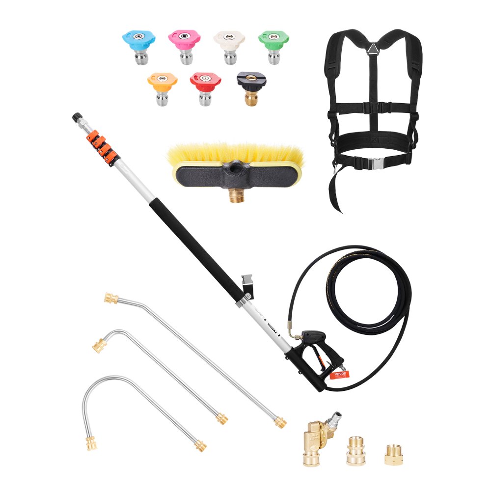 VEVOR Pressure Washer Telescoping Wand, 6358 mm, 275 bar, Telescopic Spray Wand with Power Washer Extension Wands, Gutter Cleaner, Brush Head, Pivoting Coupler, 7 Spray Nozzles and Support Harness