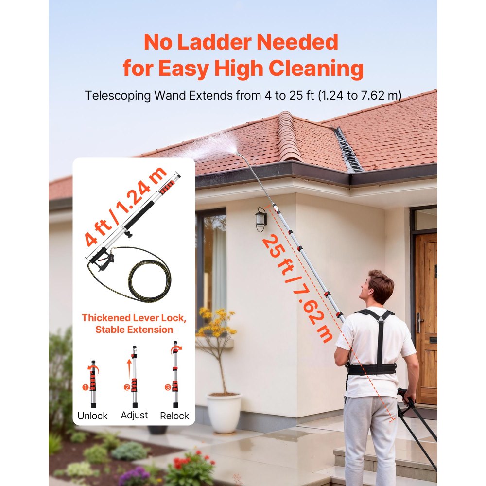 VEVOR 7.62 m Pressure Washer Telescoping Wand, with Power Washer Extension Wands & High Pressure Hose, Brush Head, 7 Nozzles, Hose Adapter, Support Belt, Storage Bag, 4000 PSI for High Cleaning