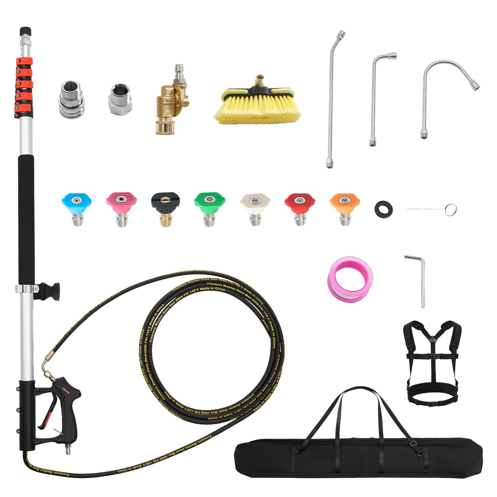 VEVOR 7.62 m Pressure Washer Telescoping Wand, with Power Washer Extension Wands & High Pressure Hose, Brush Head, 7 Nozzles, Hose Adapter, Support Belt, Storage Bag, 4000 PSI for High Cleaning