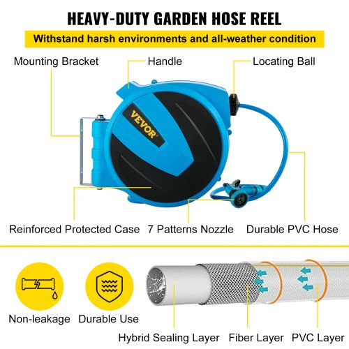 VEVOR Retractable Hose Reel, 5/8 inch x 65 ft, Any Length Lock & Automatic Rewind Water Hose, Wall Mounted Garden Hose Reel w/ 180° Swivel Bracket and 7 Pattern Hose Nozzle, Blue