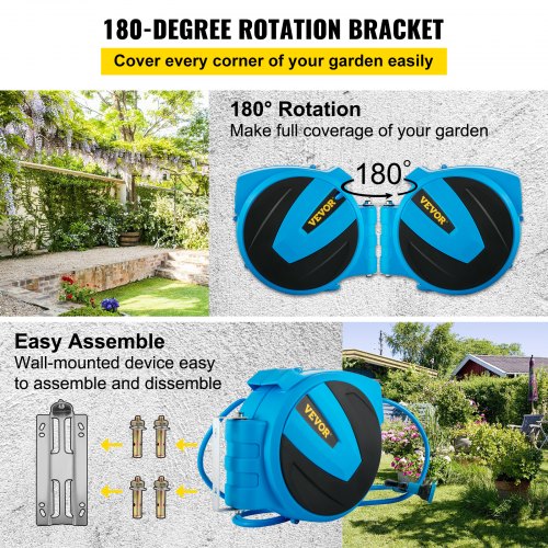 VEVOR Retractable Hose Reel, 5/8 inch x 65 ft, Any Length Lock & Automatic Rewind Water Hose, Wall Mounted Garden Hose Reel w/ 180° Swivel Bracket and 7 Pattern Hose Nozzle, Blue