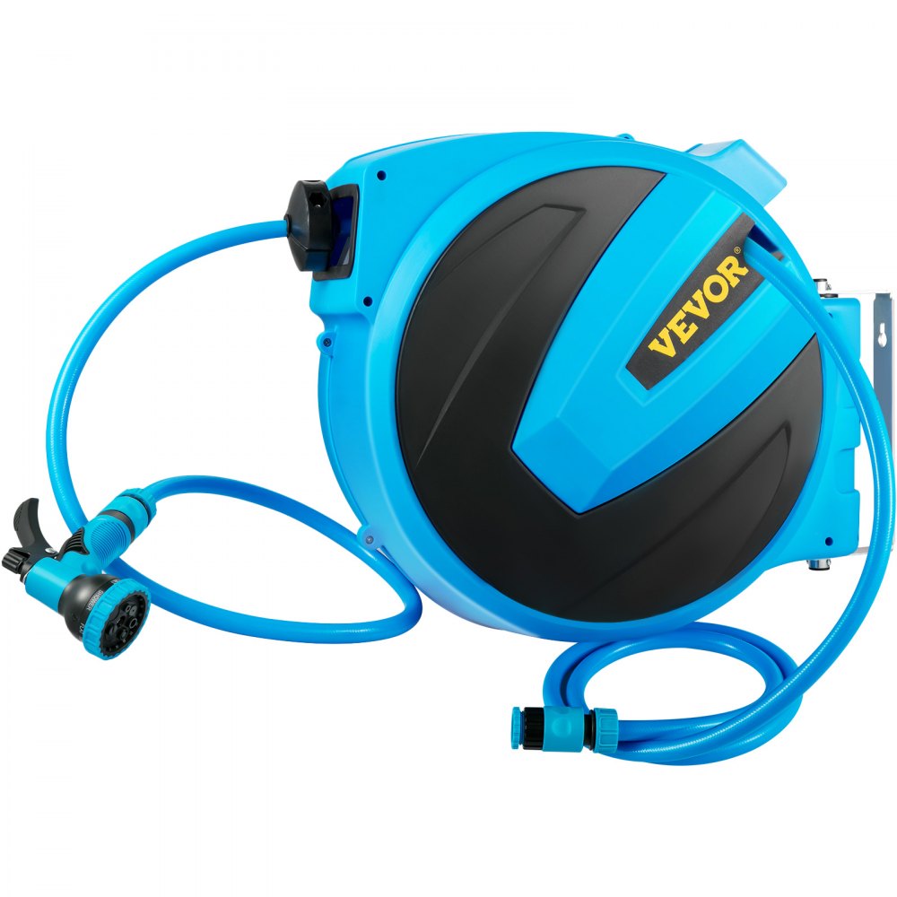 VEVOR Retractable Hose Reel, 65 ft x 5/8 inch, 180° Swivel Bracket  Wall-Mounted, Garden Water Hose Reel with 9-Pattern Nozzle, Automatic  Rewind, Lock at Any Length, and Slow Return System 