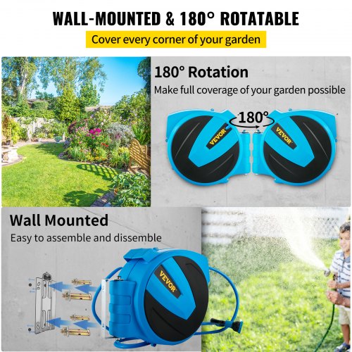 VEVOR Retractable Hose Reel, 1/2 inch x 75 ft, Any Length Lock & Automatic Rewind Water Hose, Wall Mounted Garden Hose Reel w/ 180° Swivel Bracket and 7 Pattern Hose Nozzle, Blue