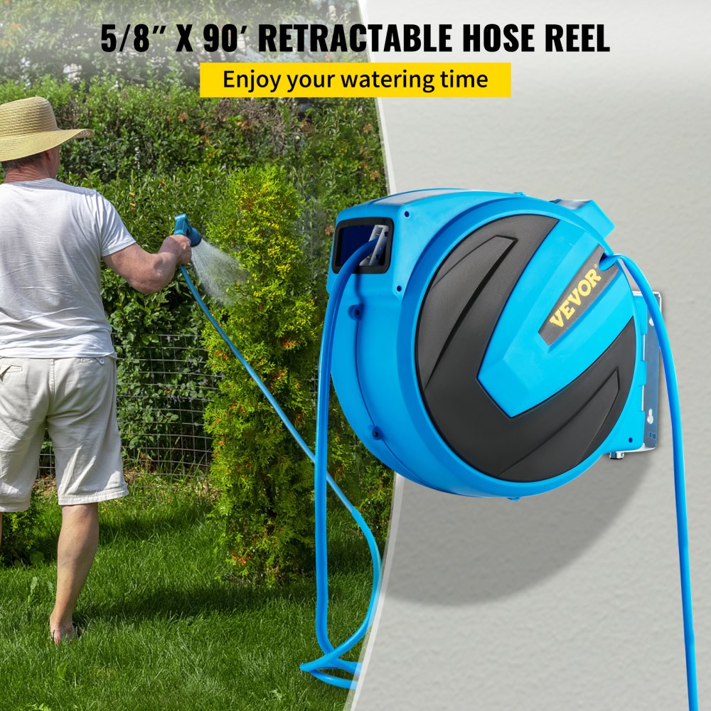 VEVOR SSS90FT58INCHXW0AV0 Retractable Hose Reel 5/8 in. x 90 ft. Wall  Mounted Garden Hose Reel with Swivel Bracket and 7 Pattern Nozzle Water Hose  –
