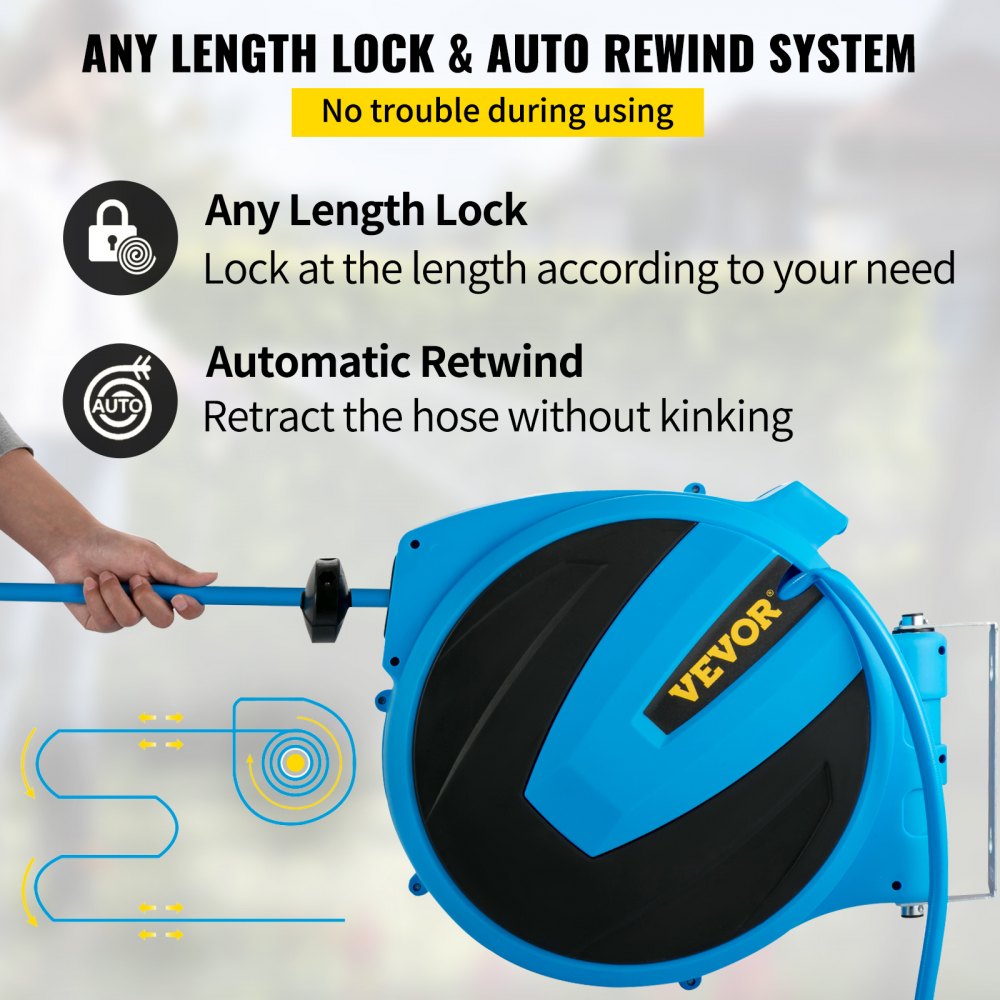 VEVOR Retractable Hose Reel, 5/8 inch x 90 ft, Any Length Lock & Automatic Rewind Water Hose, Wall Mounted Garden Hose Reel w/ 180° Swivel Bracket and 7 Pattern Hose Nozzle, Blue