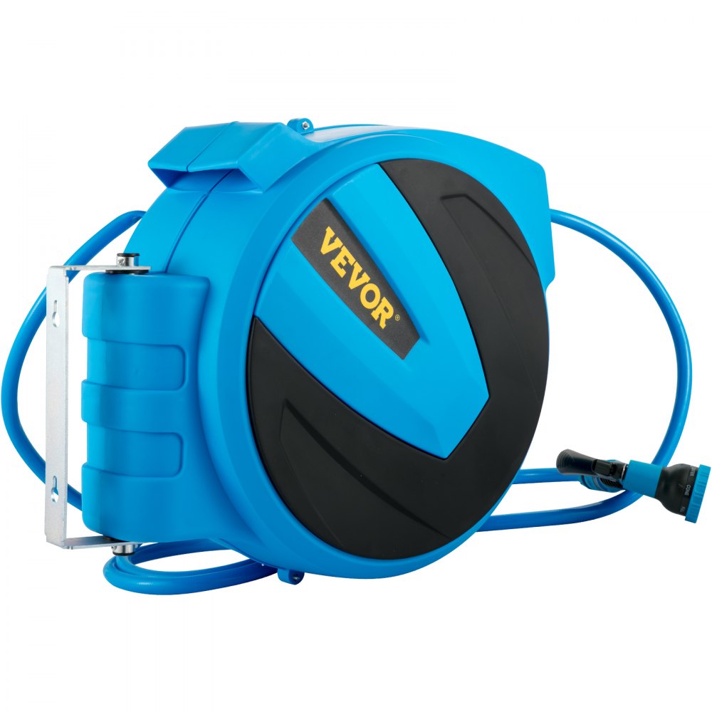 VEVOR Retractable Hose Reel, 5/8 inch x 90 ft, Any Length Lock & Automatic Rewind Water Hose, Wall Mounted Garden Hose Reel w/ 180° Swivel Bracket and 7 Pattern Hose Nozzle, Blue