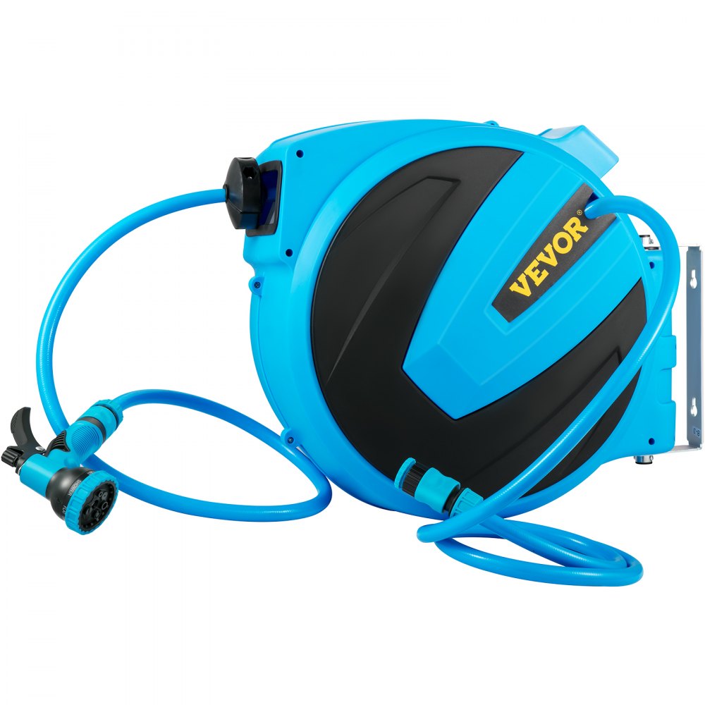VEVOR Retractable Hose Reel, 5/8 inch x 90 ft, Any Length Lock & Automatic Rewind Water Hose, Wall Mounted Garden Hose Reel w/ 180° Swivel Bracket and 7 Pattern Hose Nozzle, Blue