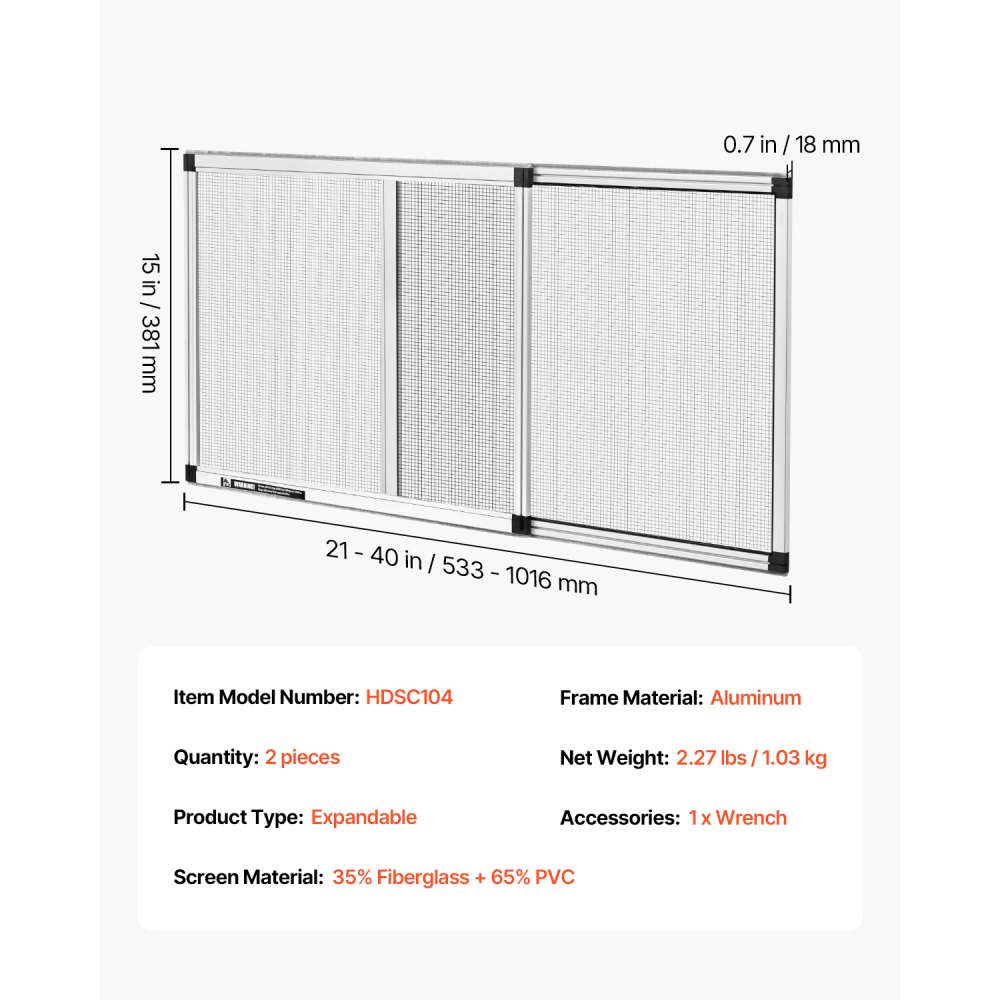 Mosquitera ajustable VEVOR, 38 cm de alto x 53 cm - 101 cm de ancho, 2 paquetes. Mosquiteras extensibles con marco de aluminio y malla resistente. Instalación horizontal o vertical ajustable. Ideal para casa o jardín.